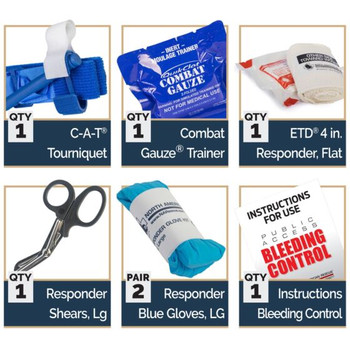 Complete kit contents, showcasing all items included in the NAR Bleeding Control Trainer STB. Complete kit contents, showcasing all items included in the NAR Bleeding Control Trainer STB.