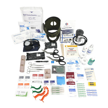 Open Elite First Aid STOMP trauma kit showing detailed arrangement of emergency bandages, airway tools, and gauze. Open Elite First Aid STOMP trauma kit showing detailed arrangement of emergency bandages, airway tools, and gauze.