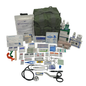 Elite First Aid M17 Medic Bag in olive drab, opened to show three fold-out compartments with over 300 first-aid items neatly organized. Elite First Aid M17 Medic Bag in olive drab, opened to show three fold-out compartments with over 300 first-aid items neatly organized.