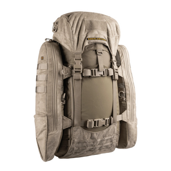 Front view of the Eberlestock X2 Modular Pack in dry earth microsuede showing extended Intex aluminum frame and floating top lid.