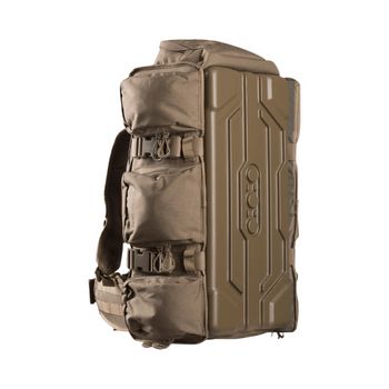 Eberlestock UpRanger Range Bag in coyote brown with hard-shell exterior and reinforced polycarbonate front panel