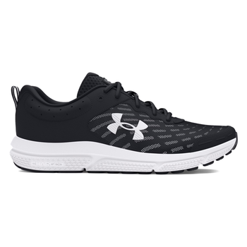 Side view of the black Under Armour Charged Assert 10 men’s running shoe, showing mesh upper, lace-up closure, and the UA logo on the side. | Black / White