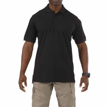 Front view of 5.11 SS Utility Polo tactical polo shirt with dual sleeve pen pockets. | Black