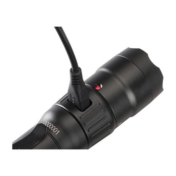 Pelican 7600 tactical flashlight angled view highlighting USB rechargeable port and control ring
