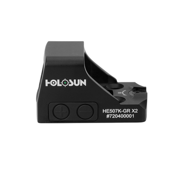 Holosun HE507K-GR X2 Super LED brightness adjustment buttons representing high-efficiency LED reticle illumination