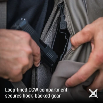 Vertx Urban Ghost Sling 10L VTX5304 black loop-lined CCW compartment with hands drawing handgun from hook-backed retention
