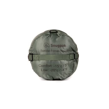 Snugpak Special Forces Complete System olive compression stuff sack showing Snugpak logo and printed temperature ratings comfort -15 degrees Celsius 5 degrees Fahrenheit and low -20 degrees Celsius -4 degrees Fahrenheit