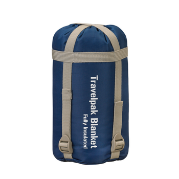 Snugpak Travelpak Blanket navy blue folded flat showing Snugpak logo printed on outer shell and care label tag visible at folded edge
