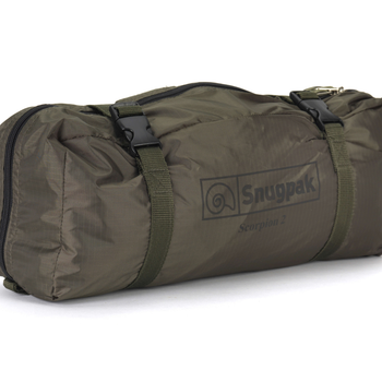 Snugpak Scorpion 2 IX olive compression storage bag showing Snugpak and Scorpion 2 branding with olive webbing compression straps and black buckle closures on ripstop nylon bag body