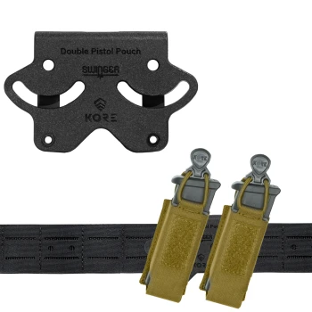 KORE Essentials Swinger Mount Double Pistol Pouch black hardware set with double tan mag pouches attached
