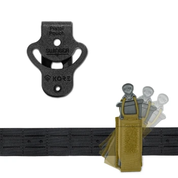 KORE Essentials Swinger Mount black hardware mounted on belt holding tan single pistol mag pouch
