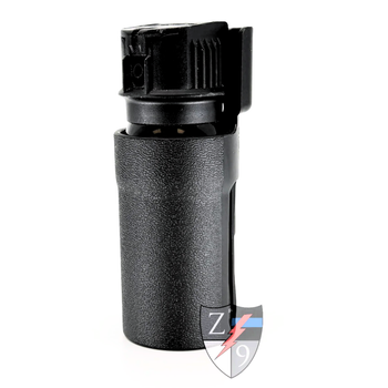 Pepper spray canister secured in the black textured Zero9 case, front view on a white background