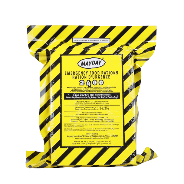 Mayday 2400 Calorie Emergency Food Bar 73502 yellow and black packaging front view showing U.S. Coast Guard approved emergency food rations label