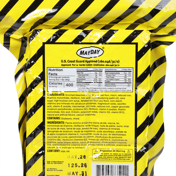 Mayday 2400 Calorie Emergency Food Bar nutrition facts label close-up showing U.S. Coast Guard approval number 160.046/31/0