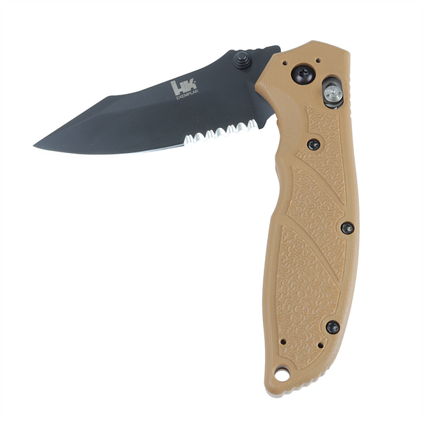 HK Exemplar Manual Folder - 3.25" Clip Point Partially Serrated Blade (Black Cerakote, FDE G10 Frame)