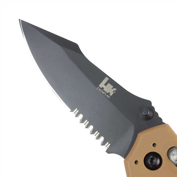 HK Exemplar Manual Folder - 3.25" Clip Point Partially Serrated Blade (Black Cerakote, FDE G10 Frame)