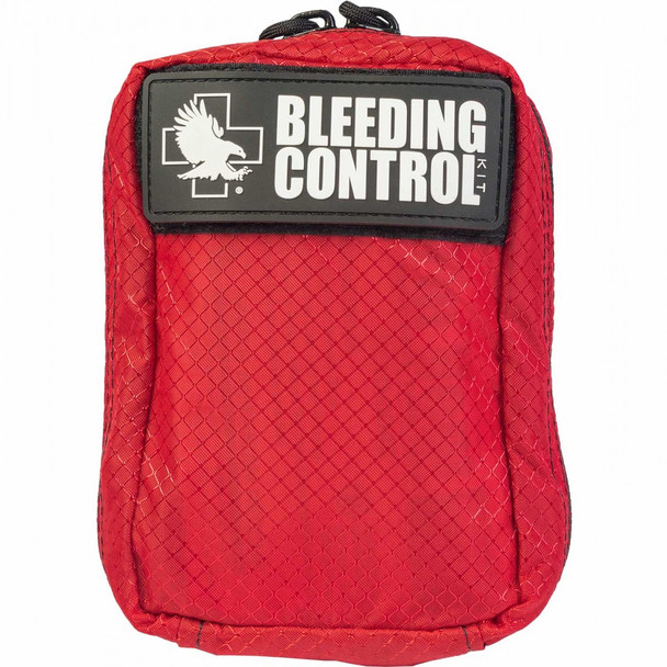 Compact red nylon kit labeled 'BLEEDING CONTROL,' featuring a clear PVC window for easy identification. Compact red nylon kit labeled 'BLEEDING CONTROL,' featuring a clear PVC window for easy identification.