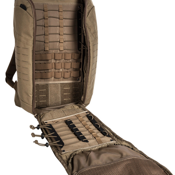 Close-up of laser-cut MOLLE system on Tasmanian Tiger Modular Pack 30 exterior and durable zipper hardware.