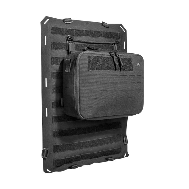 Side profile of Tasmanian Tiger Modular Support Bag in black displaying laser-cut MOLLE.