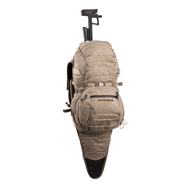 Eberlestock X1 Euro Pack in Dry Earth color with integrated rifle scabbard and fold-down shelf.