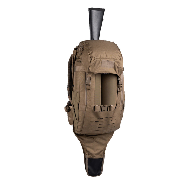 Eberlestock Just One Pack in Dry Earth color with integrated rifle scabbard and floating top lid.