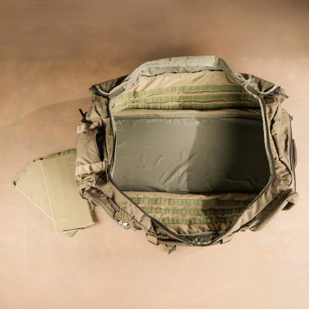 Top view showing spacious lid, Velcro dividers, and garment sleeve within the Hercules Duffel.