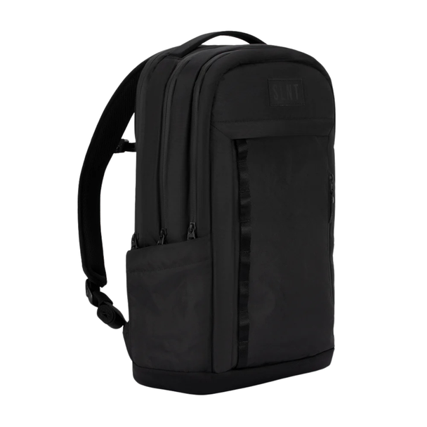 SLNT E3 Faraday Backpack side profile highlighting ergonomic straps, padded grab handles and durable recycled sailcloth material.