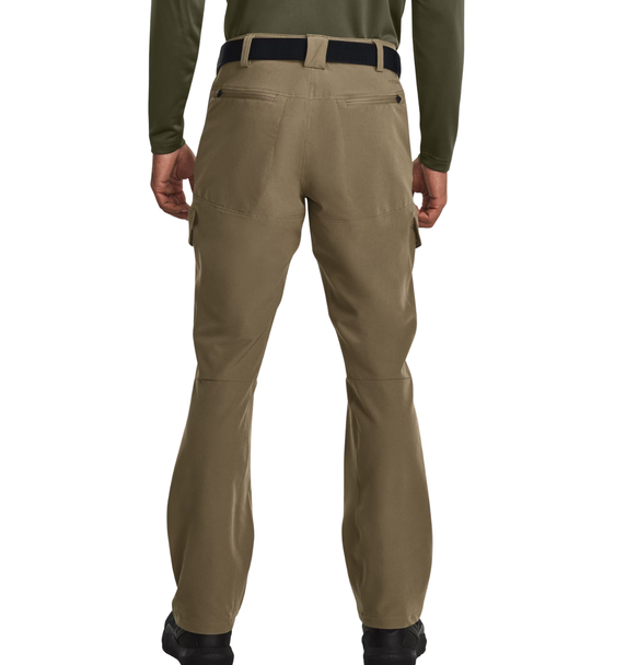 Rear view of Under Armour Alpha Cargo Pants showing zippered back pockets and durable woven material texture |  Bayou