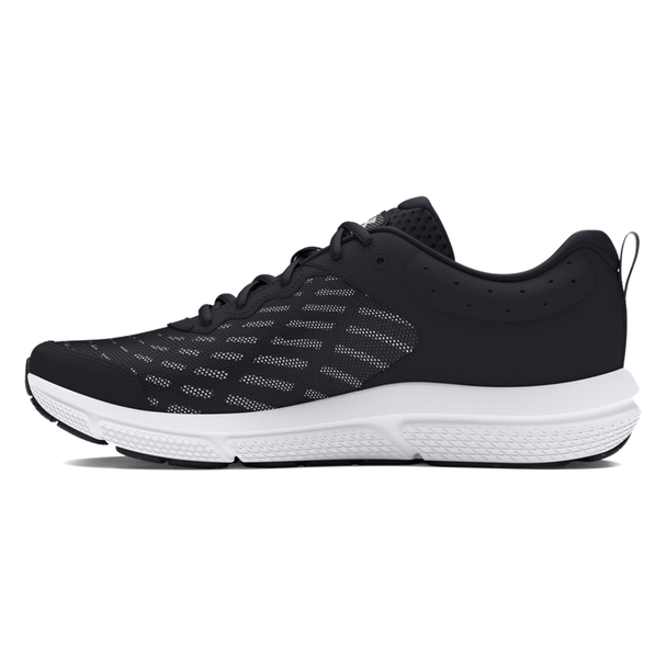 Profile view of the men’s running shoe in black, showing lightweight mesh upper and Charged Cushioning foam midsole. | Black / White