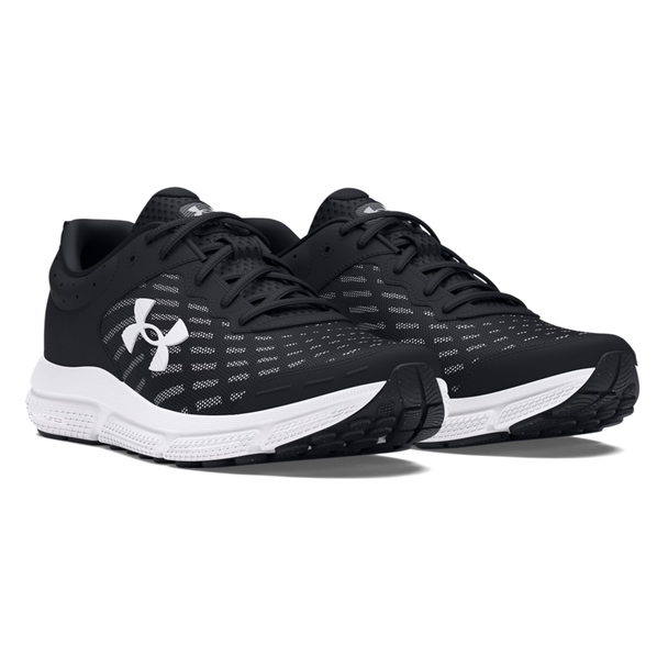 Three-quarter angle view of the black Charged Assert 10, displaying both side profile and top details of the shoe.  | Black / White