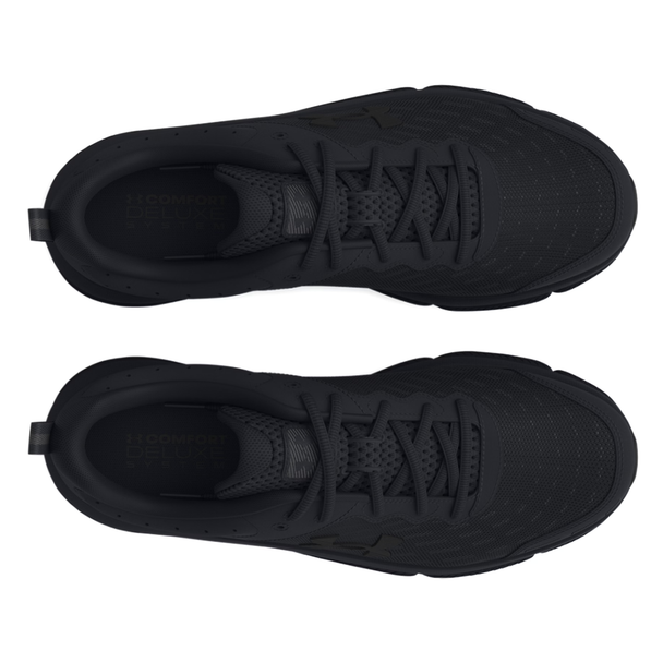 Overhead view of the black UA Charged Assert 10, showcasing lace pattern, breathable upper, and padded collar. | Black
