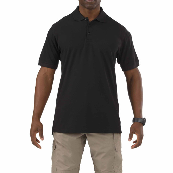 Front view of 5.11 SS Utility Polo tactical polo shirt with dual sleeve pen pockets. | Black