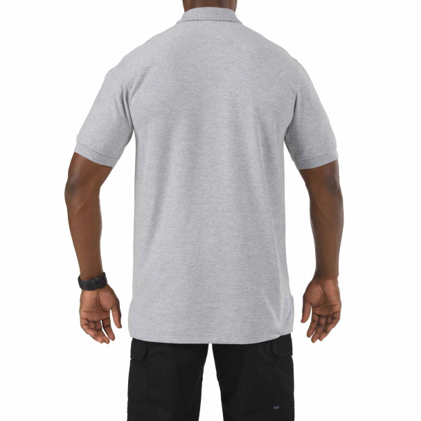 Back view of 5.11 SS Utility Polo showing professional tactical styling and regular fit. | Heather Gray