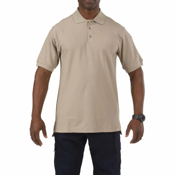Front view of 5.11 SS Utility Polo tactical polo shirt with dual sleeve pen pockets. | Silver Tan