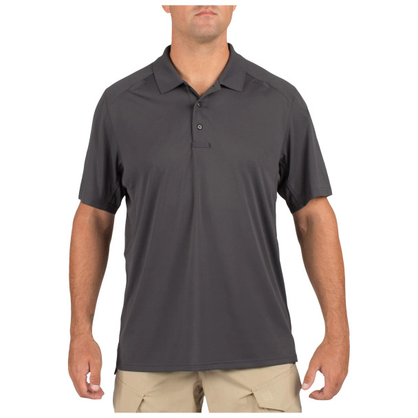5.11 Helios Short Sleeve Polo front view performance polo shirt. | Charcoal