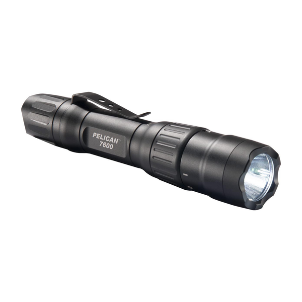 Pelican 7600 LED tactical flashlight front view showing rugged aluminum body and LED head