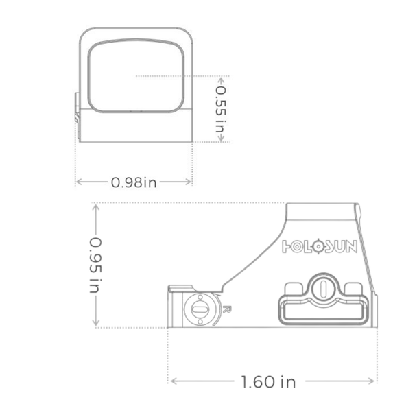 Holosun HE507K-GR X2 reflex sight dimensions chart with measurements in inches