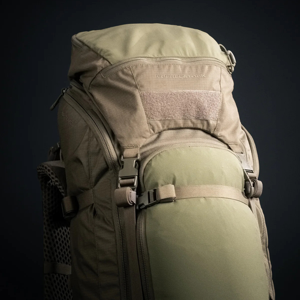 Detail shot of front stretch pocket and attachment points on Eberlestock Brute 4500.