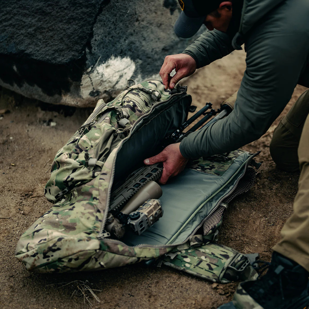 Eberlestock W2 Spectre Sniper Pack stowing rifle in scabbard