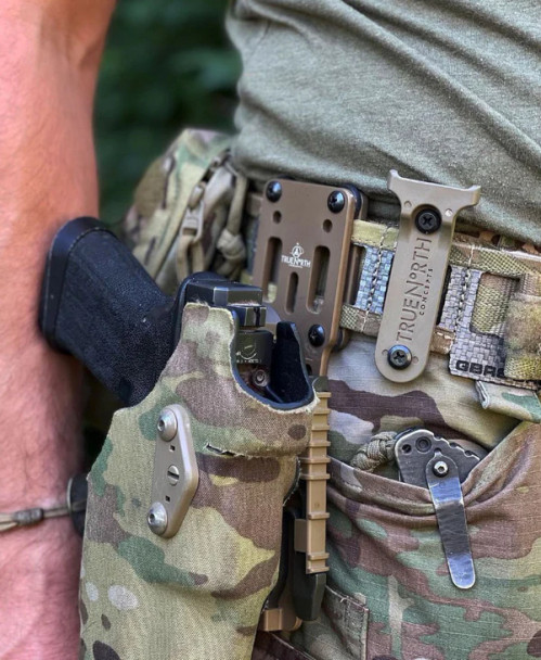 True North Concepts The Racker mounted on belt for one-handed pistol slide manipulation