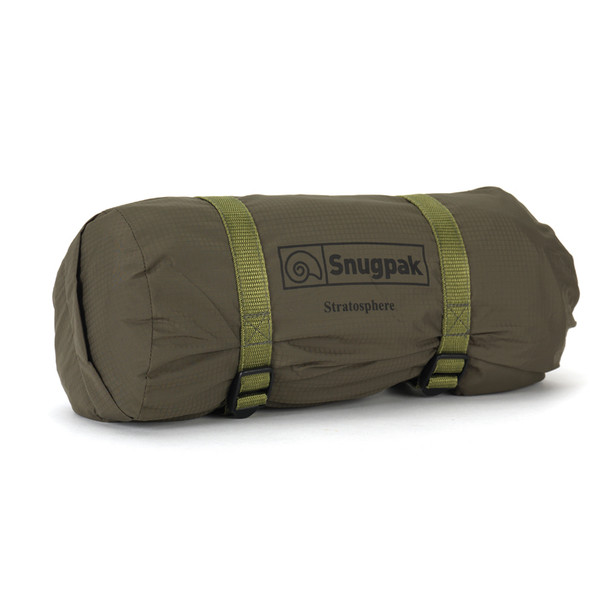 Snugpak Stratosphere Bivvi olive rolled and secured in compression storage bag showing Snugpak and Stratosphere branding with olive webbing compression straps and buckle closures