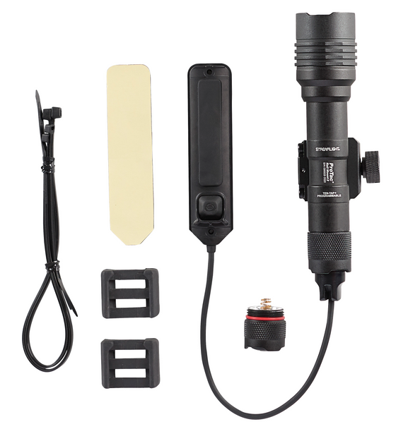 Streamlight ProTac Rail Mount 2 accessories including remote pressure switch, M-LOK mount, tail cap switch, and CR123A batteries