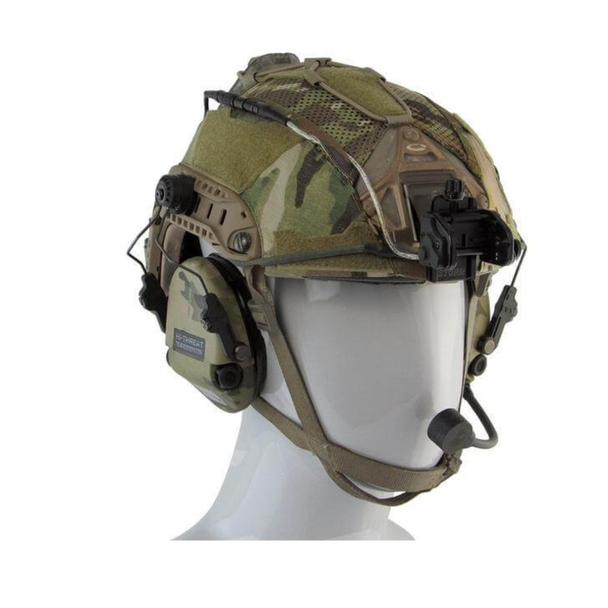 Agilite Ops-Core Maritime FAST SF Super High Cut Helmet Cover Gen 4 Multicam worn on mannequin head right side showing compatibility with headset and accessory rail mount