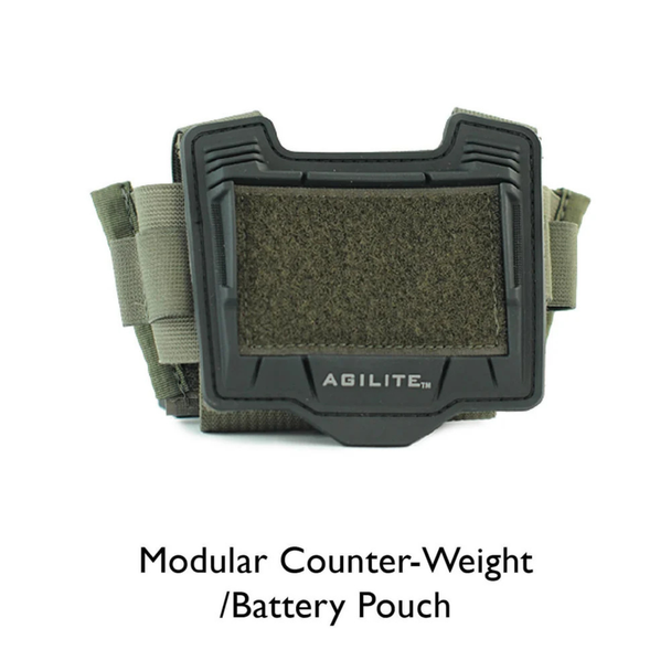 Agilite Ops-Core Maritime FAST SF Super High Cut Helmet Cover Gen 4 Modular Counterweight Battery Pouch ranger green standalone front view showing Velcro ID panel and Agilite logo on rigid polymer frame