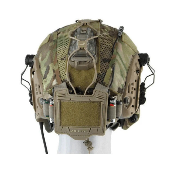 Agilite Ops-Core Maritime FAST SF Super High Cut Helmet Cover Gen 4 Multicam rear view worn on mannequin showing Agilite counterweight battery pouch attached to rear strap and dual side accessory mounts