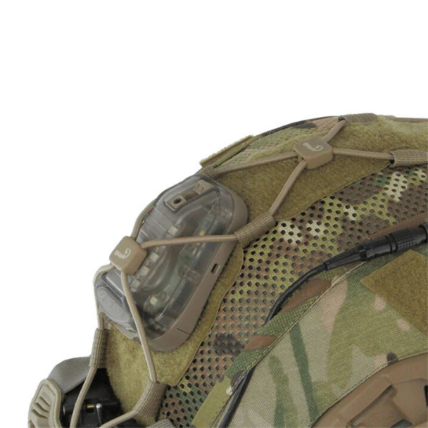Agilite Ops-Core Maritime FAST SF Super High Cut Helmet Cover Gen 4 Multicam close-up of top left side showing strobe light retained under elastic shock cord bungee system with perforated mesh panel