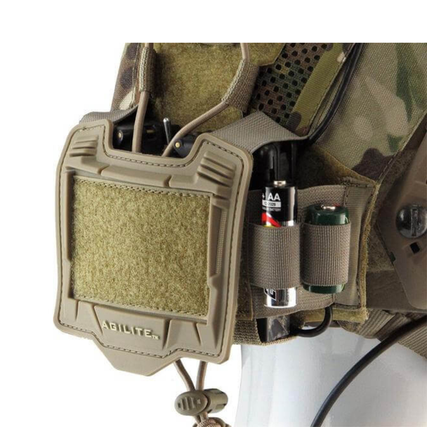 Agilite Ops-Core Maritime FAST SF Super High Cut Helmet Cover Gen 4 Multicam close-up of rear counterweight battery pouch showing elastic battery retention loops loaded with AA batteries and Agilite logo