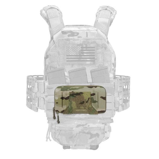 Agilite Battleshell 8019MTC1SZ Multicam mounted on plate carrier with magazines showing closed pouch position on loaded kit