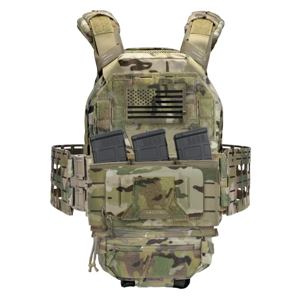 Agilite Battleshell 8019MTC1SZ Multicam mounted on plate carrier lower MOLLE front panel closed view