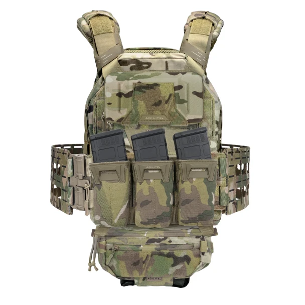 Agilite Battleshell 8019MTC1SZ Multicam mounted on fully loaded plate carrier with magazines showing high angled position keeping mag draws unobstructed